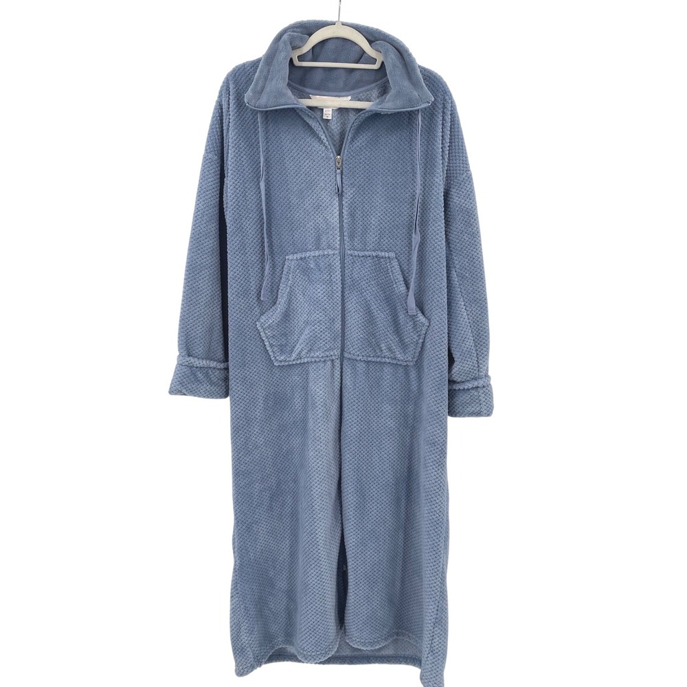 Stan Herman Robe Women M Blue Polyester Zip Front Popcorn Fleece Long Loungewear